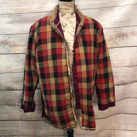 Fur Trimmed Plaid Brocade Jacket REVERSIBLE Button Down Handmade Funky Artsy - Picture 3 of 16